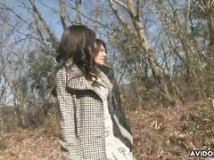 Skinny Asian slut gets fucked and creampied in the woods