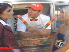 Icecream truck cheerleader and school girl share cock and cr