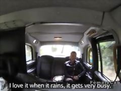 Female taxi driver licks brunette outdoor