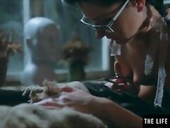 Hot girl in glasses fucks and sucks a creepy mummy